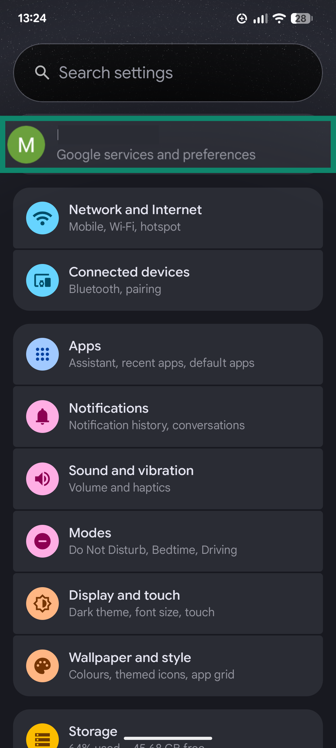 A screenshot of the main page of the Android Settings app.