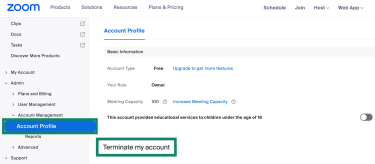 Zoom free plan's Account Profile settings menu