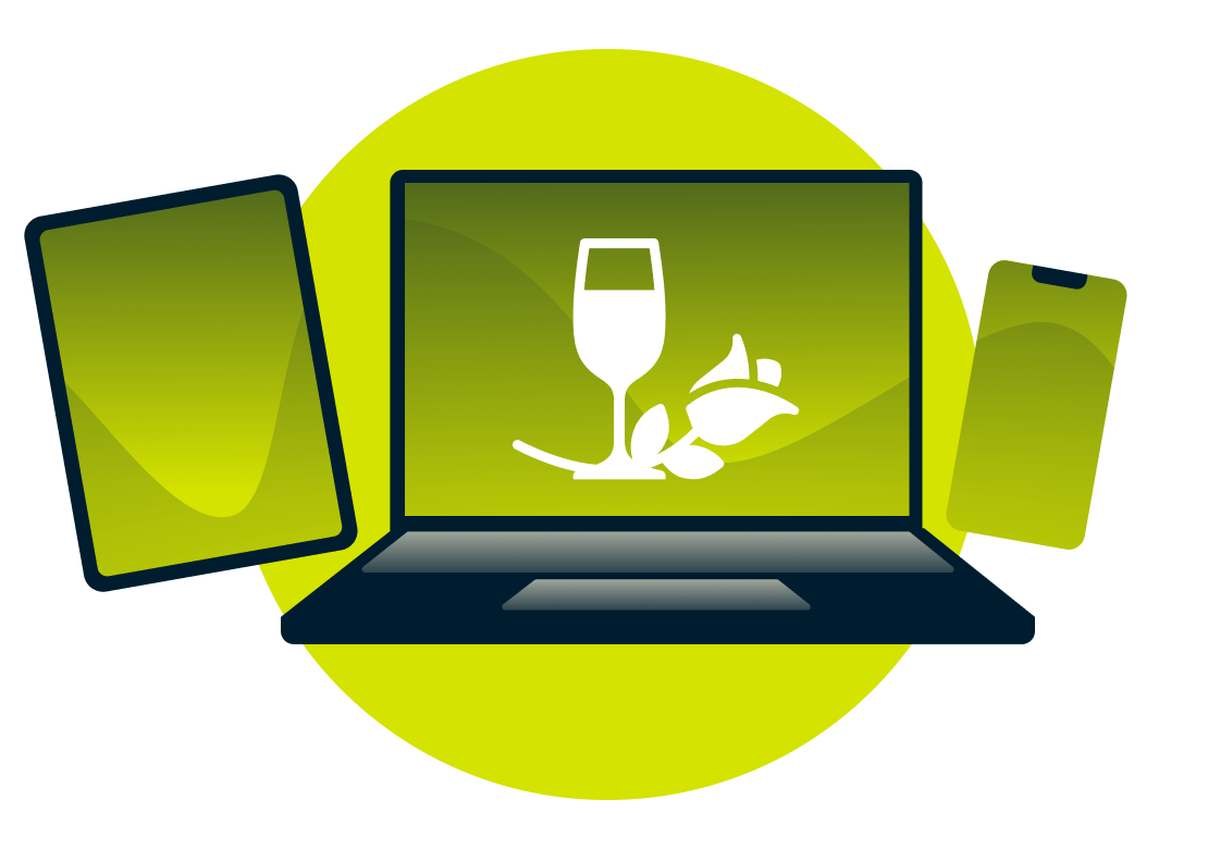 Un ordinateur portable, une tablette, un téléphone, avec un verre de vin et une rose.