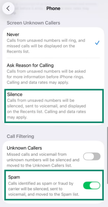 iOS 26 Phone menu with the options to silence unknown callers and spam numbers highlighted