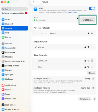 Wi-Fi settings panel on macOS highlighting the Details button for the connected network.
