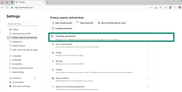 Edge privacy options with Enable tracking prevention highlighted.