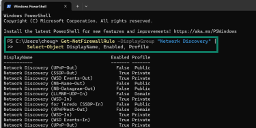 A PowerShell window showing the Get-NetFirewallRule command for "Network Discovery" and its output, listing rules as enabled for the "Private" profile.