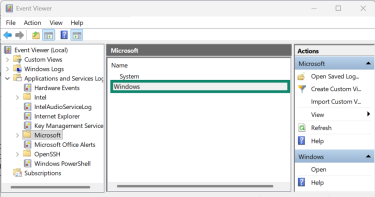 Navigating the Windows Event Viewer, with the "Microsoft" folder selected under "Applications and Services Logs".