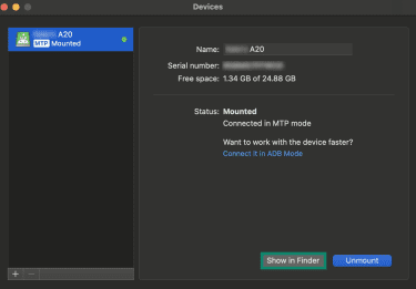 The MTP transfer mode page in the MacDroid app on a Mac, showing an Android phone paired with the Mac. The "Show in Finder" button is highlighted.