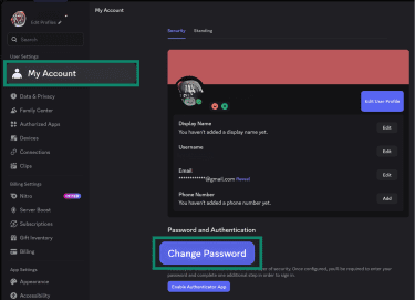 Discord user settings page, showing how to change a password.