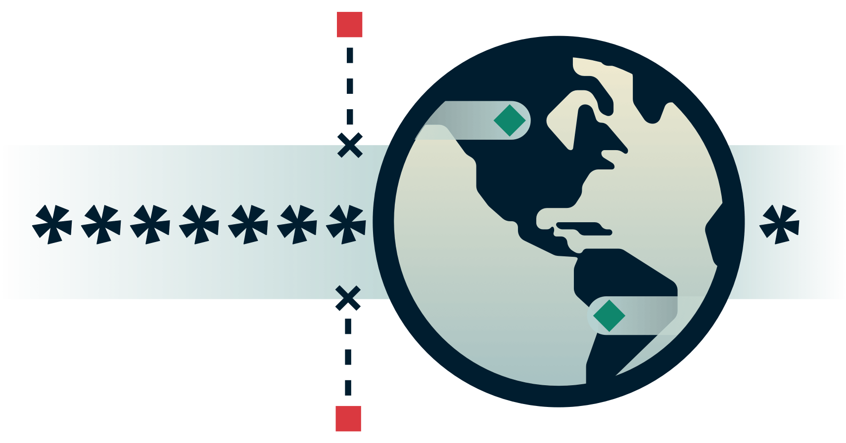 Globe avec tunnel crypté et parties externes essayant d'y pénétrer.
