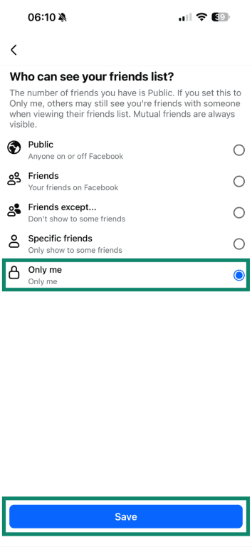 The "Who can see your friends list" menu with the "Only Me" option highlighted and checked.