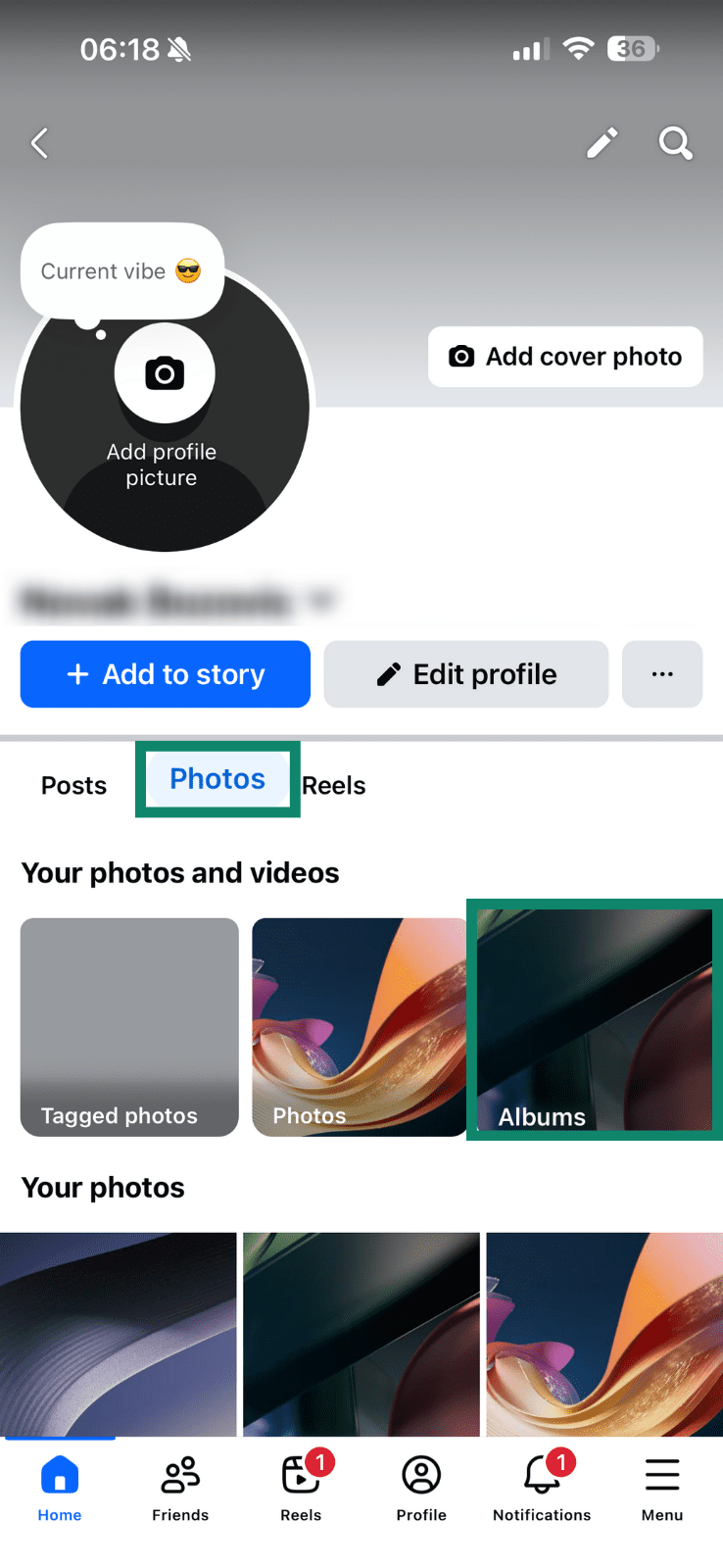 A mobile profile view on Facebook with the Photos tab highlighted.