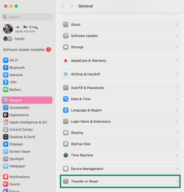 macOS System Settings showing General selected and Transfer or Reset option highlighted
