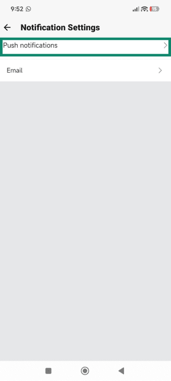 The Quora app Notification settings with the Push Notifications option selected.