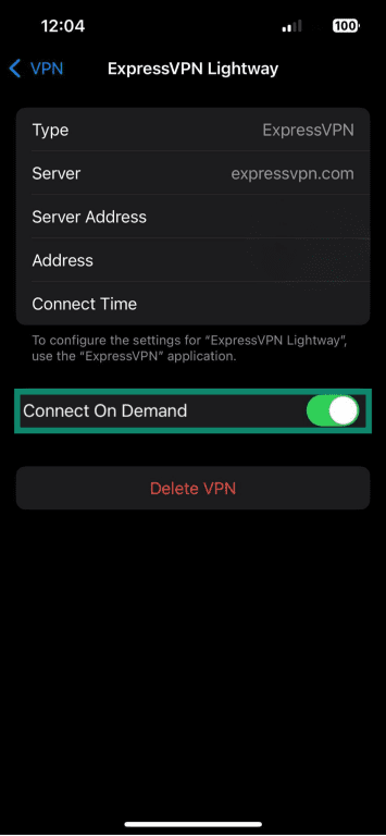 iPhone settings showing "Connect on Demand" toggled on under ExpressVPN Lightway.