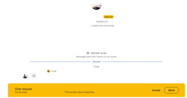 A Google Chat request that includes a warning because the sender isn't in the user's contacts and is therefore potentially suspicious.