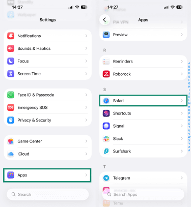 iOS main settings and app settings, highlighting the Apps option and the Safari app in the list.