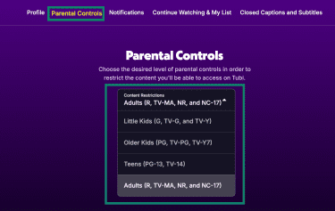 Setting up parental controls on Tubi.