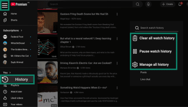 YouTube's options to clear, pause, and manage watch history.