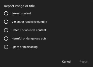 YouTube's Report button showing reasons why a video is being reported.
