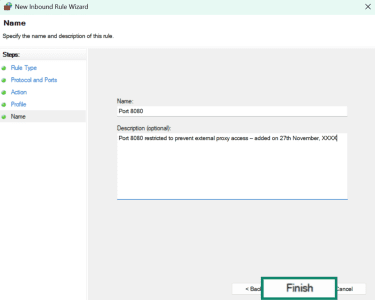 Windows New Inbound Rule Wizard showing Name and Description boxes and a highlighted Finish button.