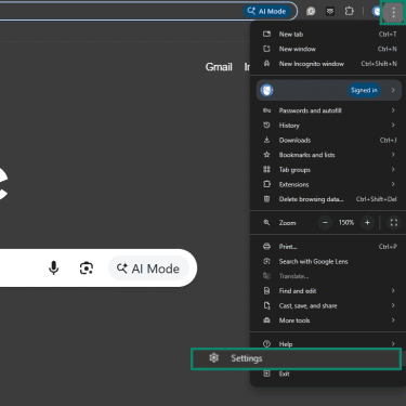 Settings option in the Chrome menu that appears after clicking the three dots.