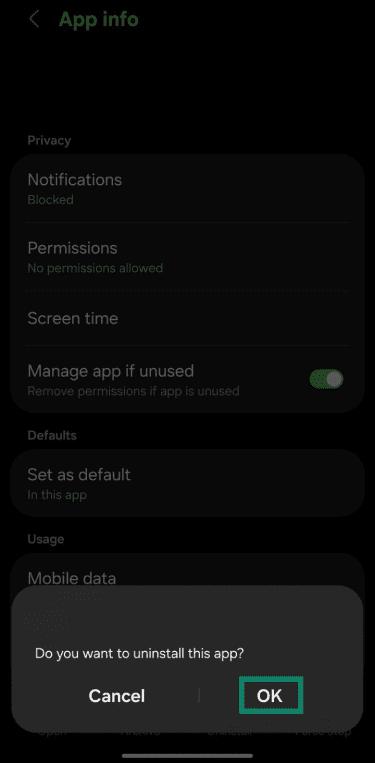 Android app uninstallation screen.