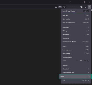 Firefox menu with Help highlighted.