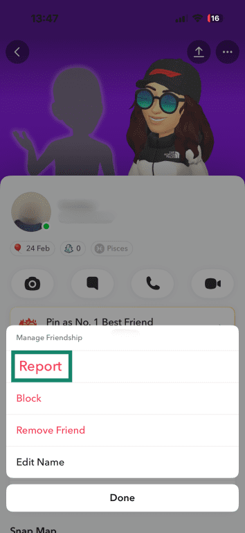 Snapchat Manage Friendship panel showing options to report, block, remove friend, or edit name.
