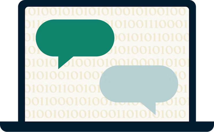 Бинарный код и текстовые облачка на экране ноутбука.