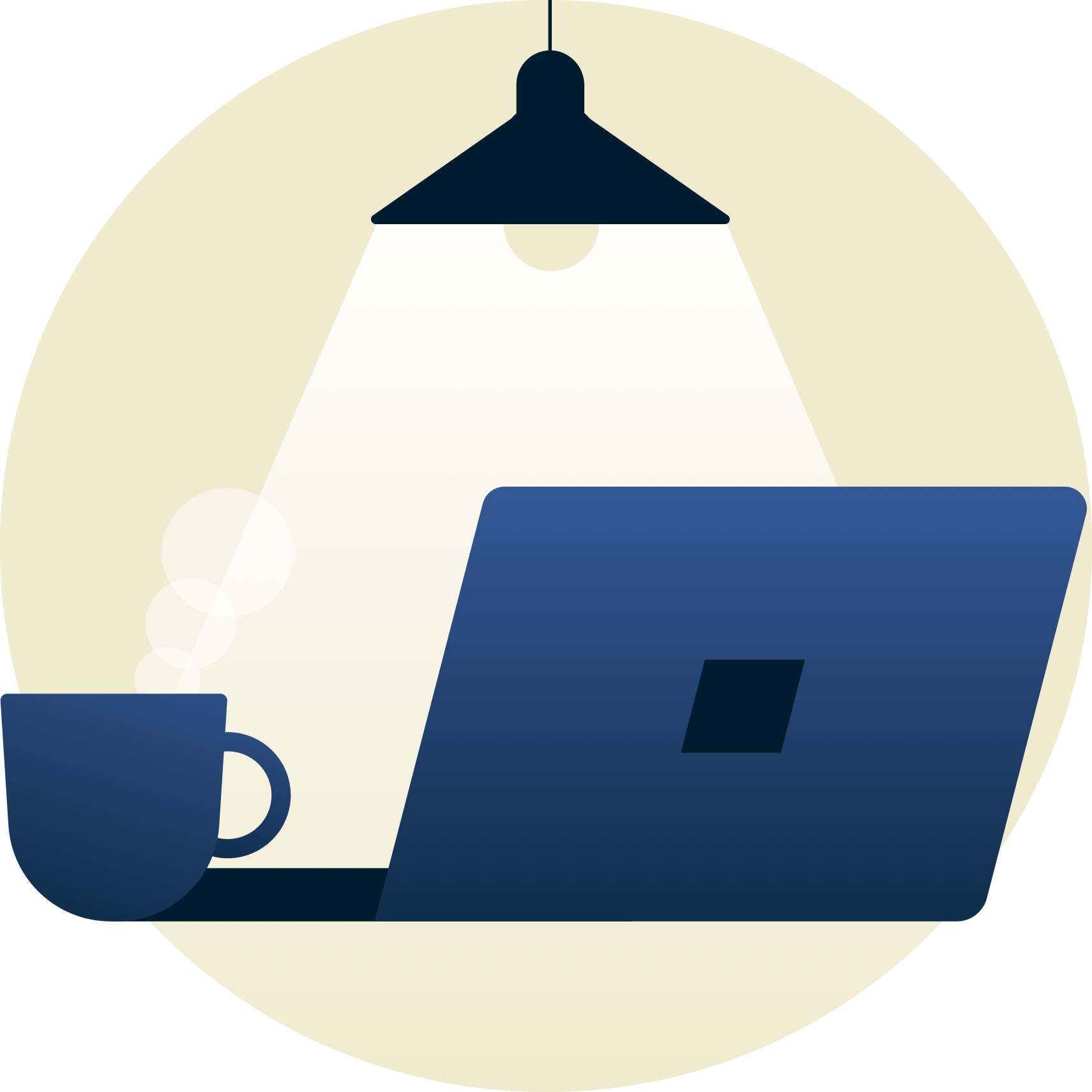 Lamp shining on a laptop facing away from you. 