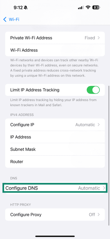 iOS Wi-Fi settings screen with Configure DNS highlighted.