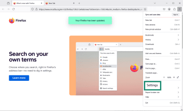 Firefox screen with Settings highlighted.
