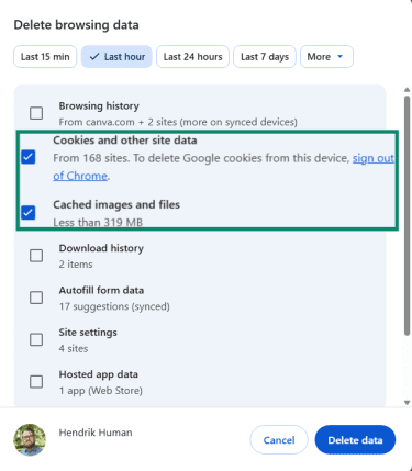 Delete browsing data dialog box on the Windows Chrome browser with the options to delete Cookies and other site data and Cached images and files selected.