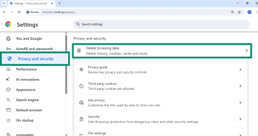 Google Chrome Privacy and security settings with Delete browsing data option highlighted.