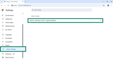 Google Chrome Reset settings window with Restore settings to default button highlighted.