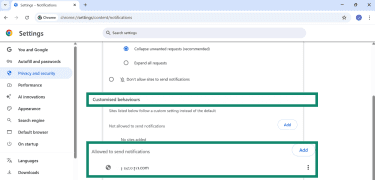 Google Chrome Site settings with Allowed to send notifications section highlighted.