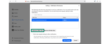 Firefox Notifications Permissions pop-up window with Remove Web Site button highlighted.
