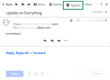An example of an email in the AOL client with the move to Spam button highlighted.