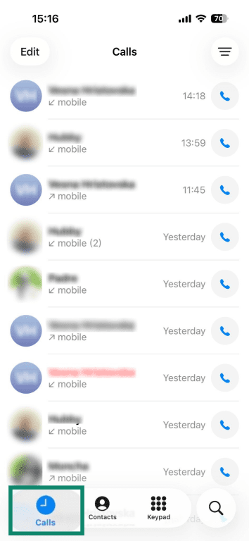 'Calls' option highlighted in the iPhone Contacts app.