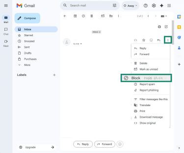 Gmail's web app, with "Block 'sender's name' highlighted in dropdown menu
