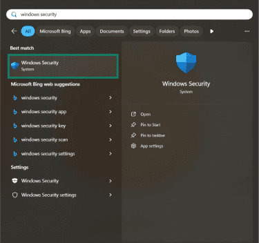 The Windows 11 Start menu. "Windows security" is typed into the search bar and the Windows Security service is highlighted.