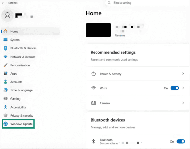 Windows 11 "Settings" page. The Windows Update tab on the left is highlighted.