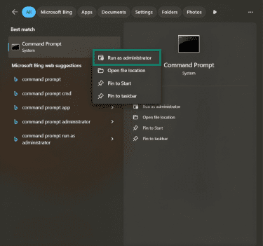 The Windows 11 taskbar search box displaying the Command Prompt search result. The "Run as administrator" option for the app is highlighted.