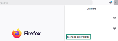 The Firefox Extension window is open and the Manage extension option is highlighted.