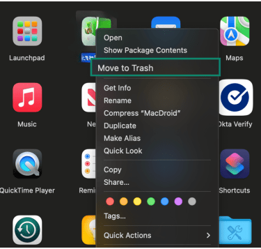 macOS Applications folder with an app selected and the “Move to Trash” option highlighted in the right-click menu.