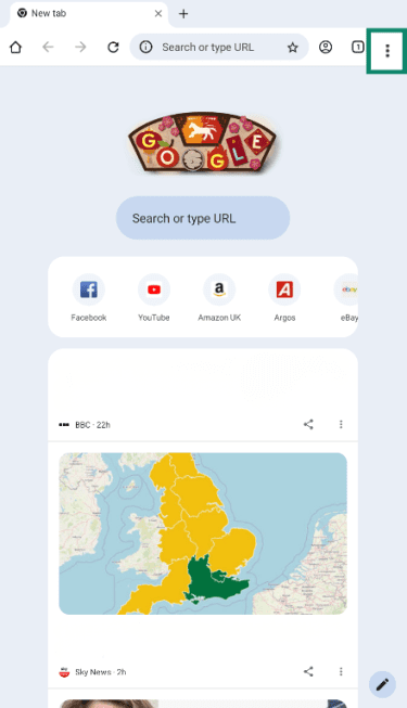 Chrome on an Android device highlighting the three-dot settings menu