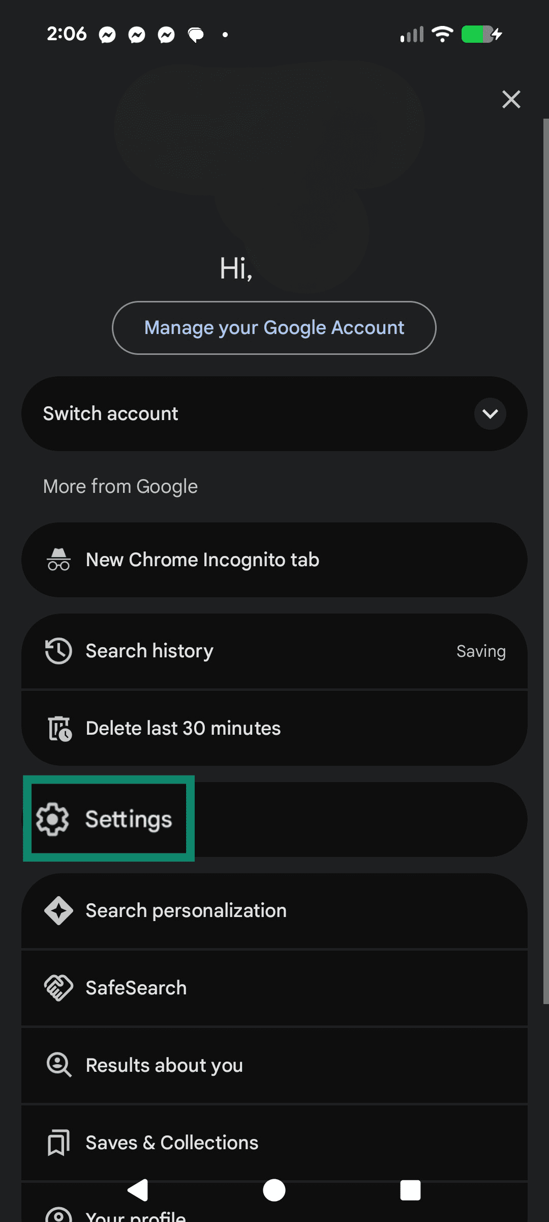 The Google profile menu highlighting the Settings option.