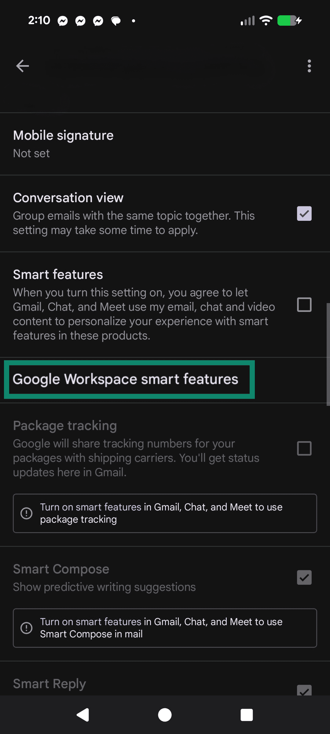 The Gmail settings menu, highlighting the Google Workplace smart features option.