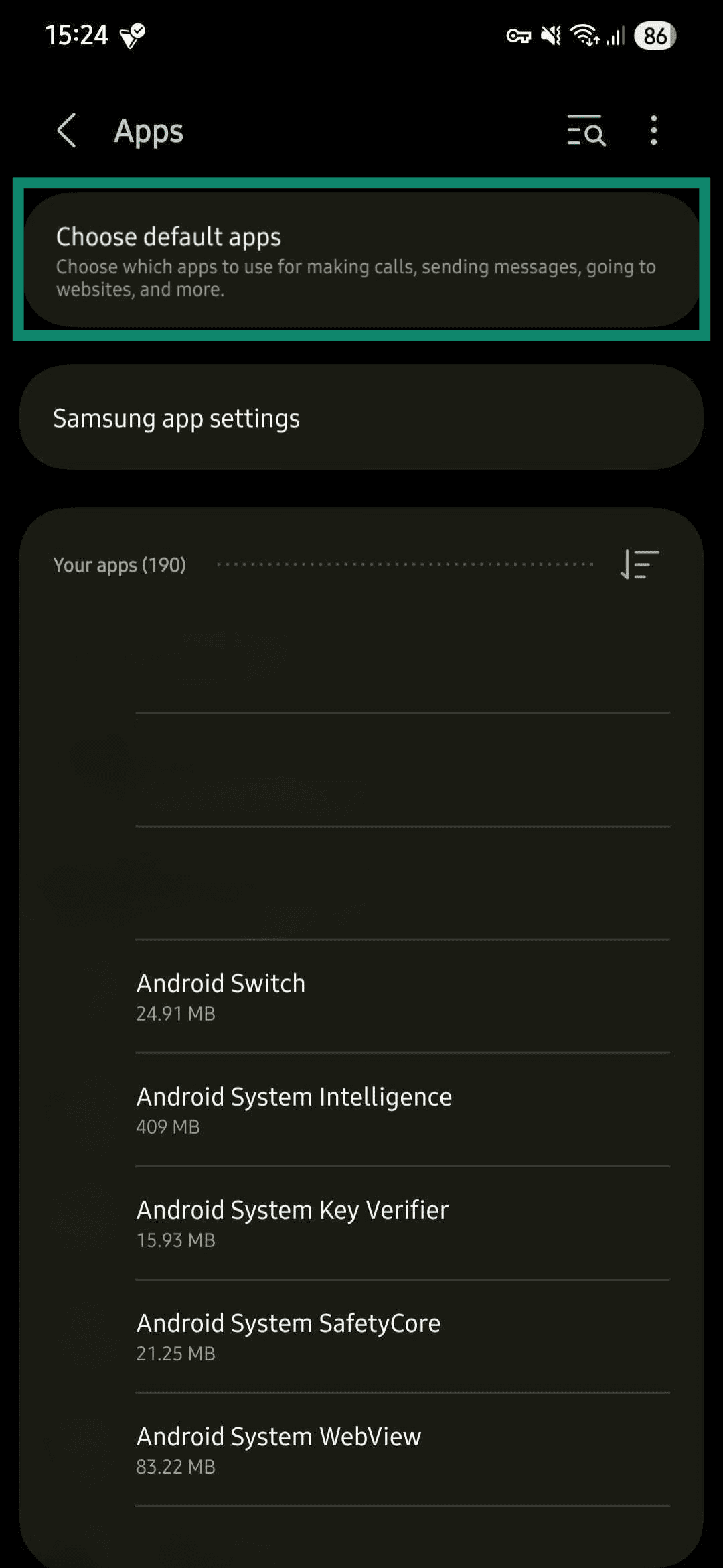 The Samsung Apps screen, highlighting the Choose default apps option.