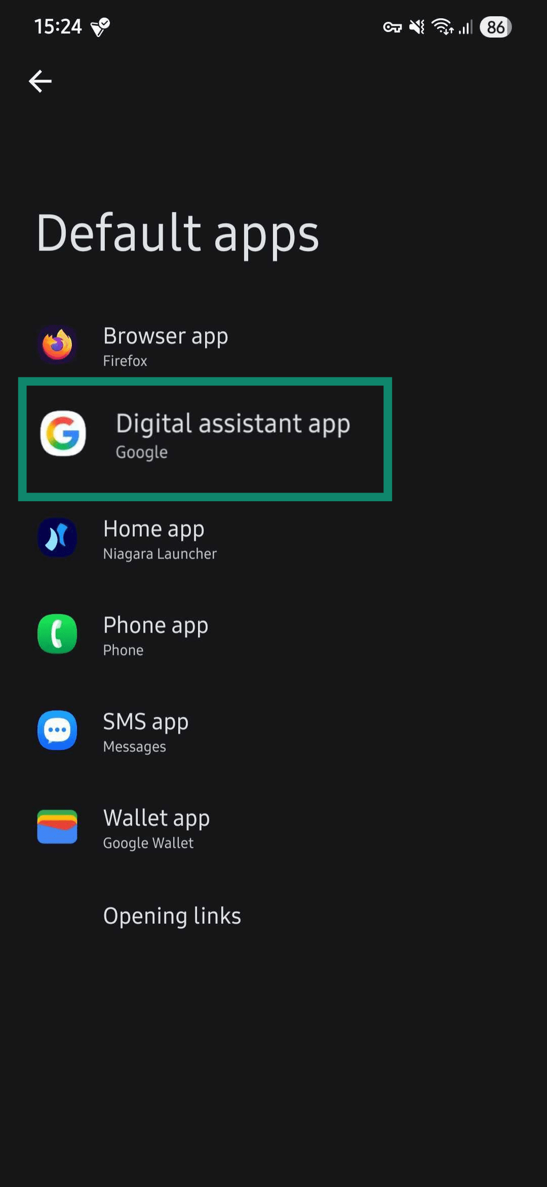 The Samsung Default apps menu, outlining the Digital assistant app.