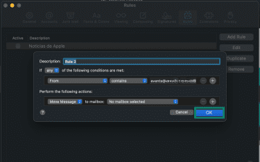 Apple Mail Rules panel displaying the Add Rule button.