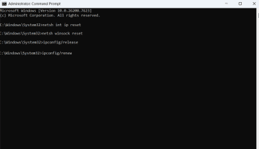 Command Prompt on Windows, showing commands to reset Window's network stack.